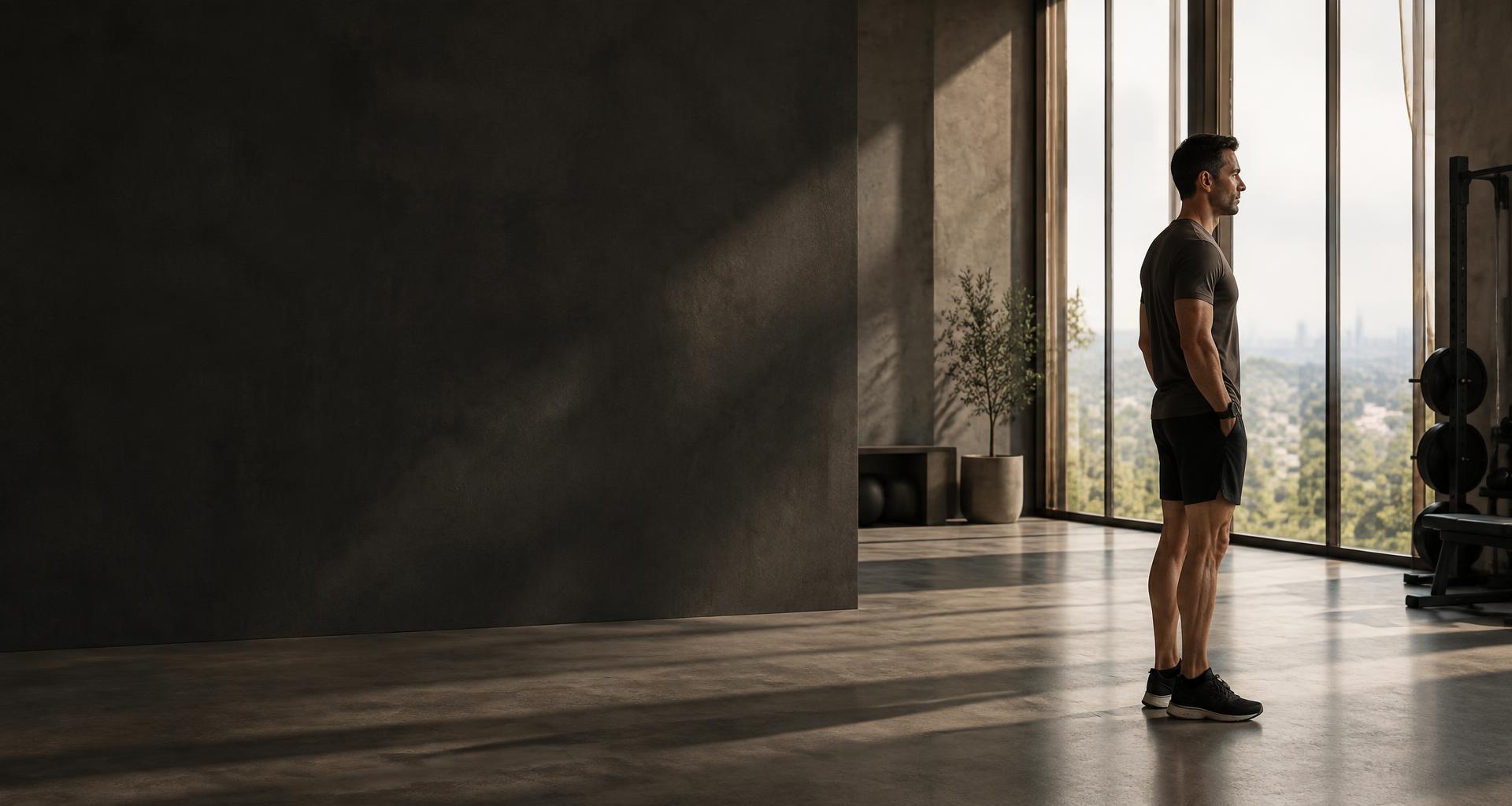 An athlete looking ahead in a sunlit performance studio